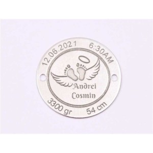 Banut personalizabil din Argint 925 talpite si aripiare ingeras 22mm pentru Botez - Mot - Scaldat