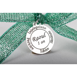 Banut personalizabil din Argint cu Sanatate Iubire Intelepciune Fericire 22mm pentru Botez - Mot - Scaldat