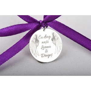 Banut personalizabil din Argint cu urari de la nasi si apripi de inger 22mm pentru Botez - Mot - Scaldat