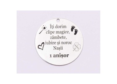 Banut din Argint 925 iti dorim clipe magice  22mm pentru Botez - Mot - Scaldat
