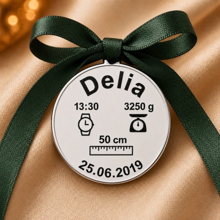 Bănuț argint 925 cu datele nașterii, 22 mm