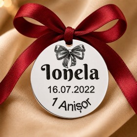 Bănuț argint moț 1 Anișor, 22 mm, fundiță roșie