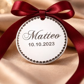 Bănuț argint botez 22 mm cu inimioare și date S0028-G