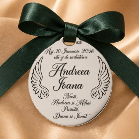 Bănuț argint botez 22 mm, aripi de înger