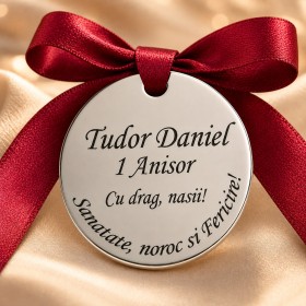 Bănuț argint botez 1 anișor, 22 mm, fundiță roșie