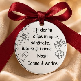 Bănuț argint botez 22 mm cu numele nașilor