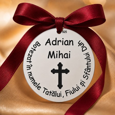 Bănuț argint botez 22 mm cu text Botezat și cruce