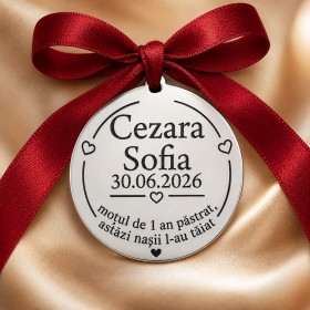 Bănuț argint moț S0242, 22 mm, fundiță roșie