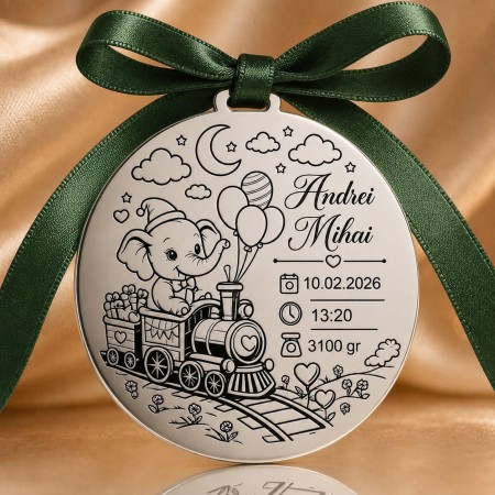 Bănuț argint moț cu elefant în trenuleț, 22 mm