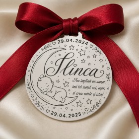 Bănuț argint moț cu bebeluș pe lună și stele