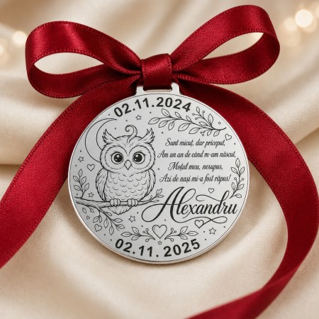 Bănuț argint moț 22 mm, bufniță cu poezie